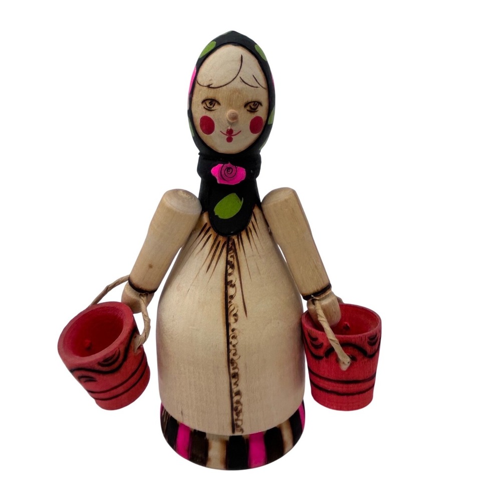 Vintage Beriozka Wooden Folk Art Doll Water Carrier Hand Painted‎ Mikmaid USSR